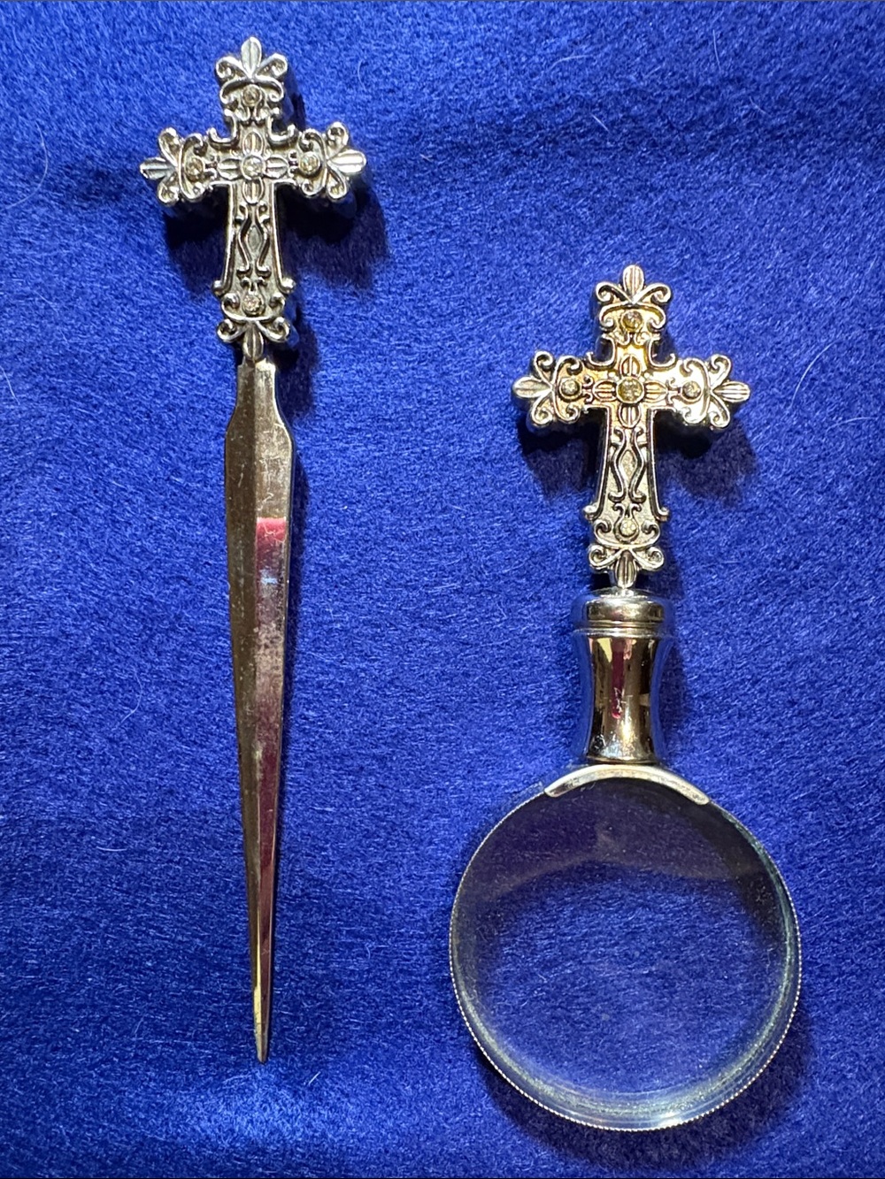 Decorative Silver Cross Letter Opener & Magnifying Glass